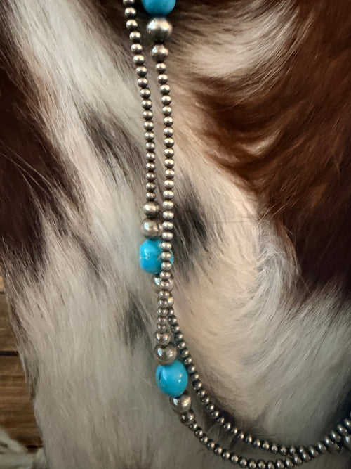 Handcrafted Turquoise & Sterling Silver Pearl Beaded 40” Necklace