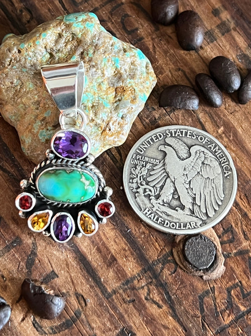 Navajo Made Sterling Silver Gems & Jewels Petite Cluster Pendant by Lucy Jake