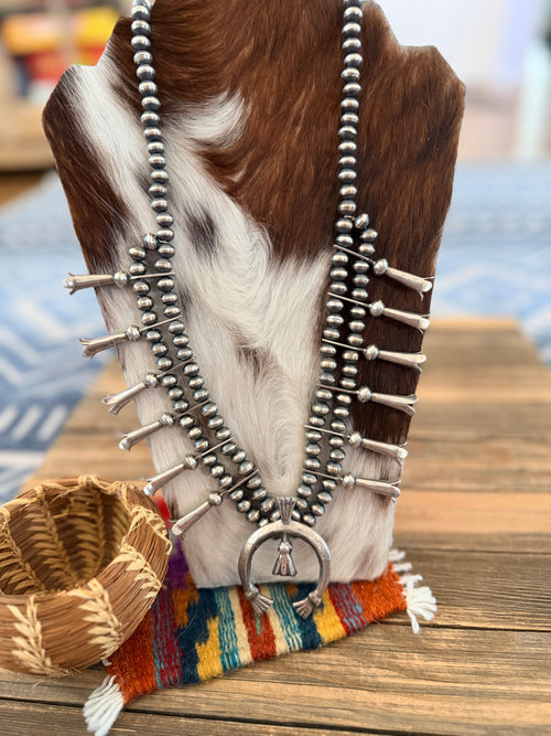 Old Pawn Handcrafted Sterling Silver Beaded Squash Blossom Necklace