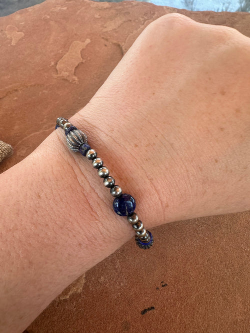 Handmade Lapis & Sterling Silver Beaded Stretch Bracelet