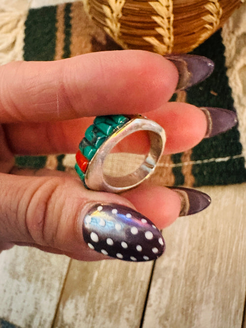 Old Pawn Handcrafted Turquoise, Coral & Sterling Silver Band Ring Size 6