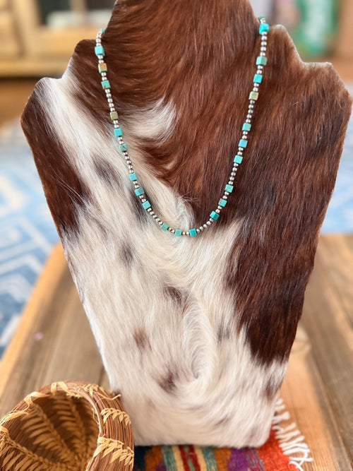 Handcrafted Turquoise & 3mm Sterling Silver 16” Beaded Necklace