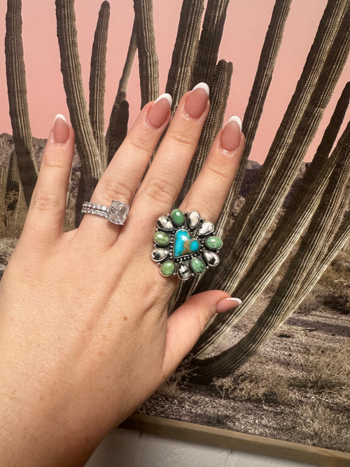 Beautiful Handmade Palomino Turquoise, White Buffalo, Sonoran Mountain And Sterling Silver Adjustable HEART Ring