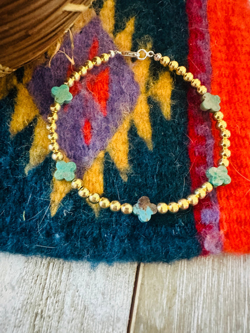 Navajo Gold Plated Sterling Silver Pearl & Turquoise Beaded Bracelet
