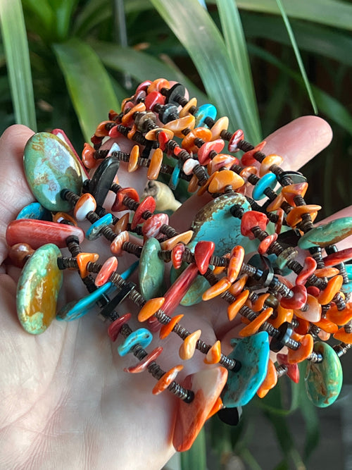 Gorgeous Santo Domingo Made Five Strand Spiny Oyster and Turquoise Beaded Squaw Wrap Necklace with Tabs by Daniel Coriz
