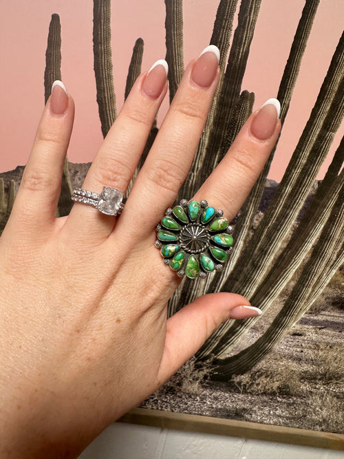 Beautiful Handmade Sonoran Mountain Turquoise And Sterling Silver Adjustable Cluster Ring