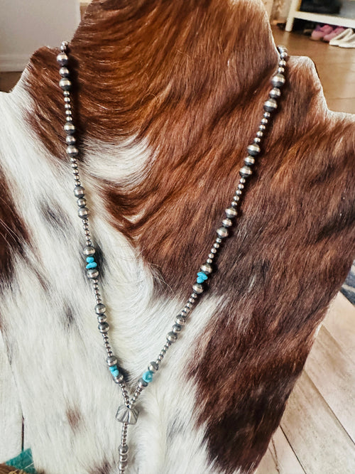 Handcrafted Turquoise & Sterling Silver Pearl 6mm Beaded Lariat Necklace 20"