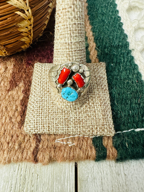 Old Pawn Handcrafted Turquoise, Coral & Sterling Silver Ring Size 12