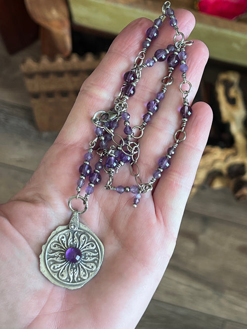 Tularosa Rosary Style Sterling Silver and Amethyst Relic Coin Necklace
