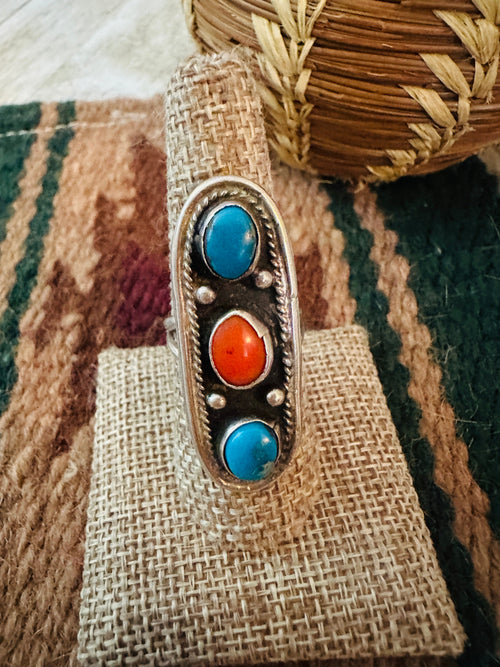 Old Pawn Turquoise, Coral and Sterling Silver Ring Size 8