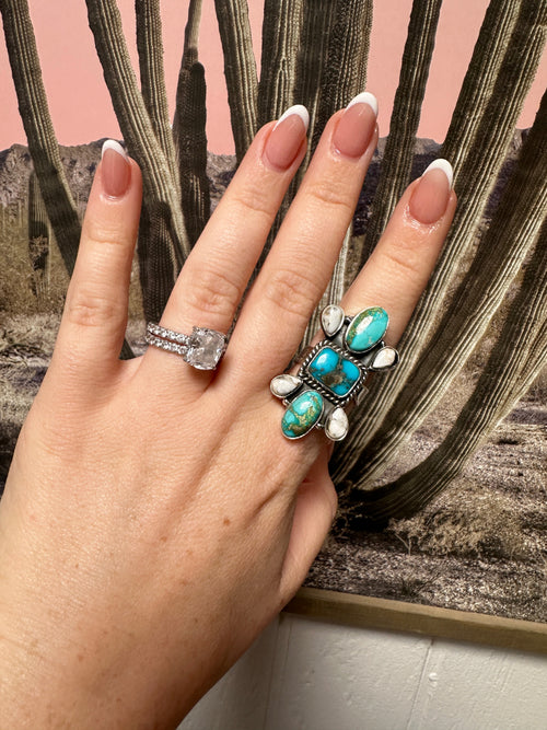 Beautiful Handmade Sonoran Mountain Turquoise, White Buffalo And Sterling Silver Adjustable Ring