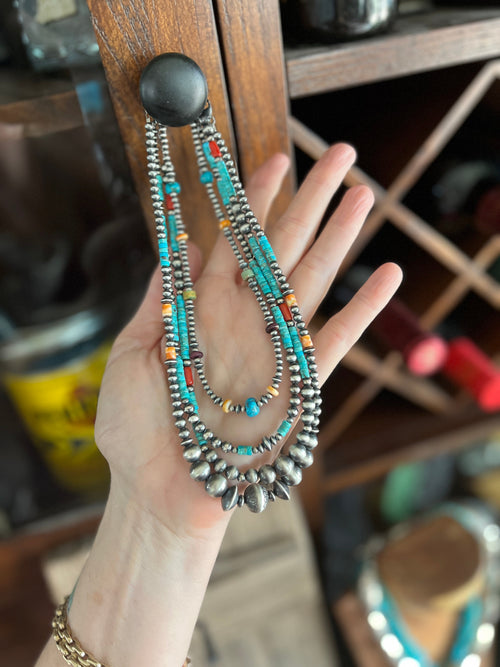 Summer Lovin’ Navajo Beaded Layering Necklace with Sterling Silver and Turquoise, 15” + 2”, The Wave Runner