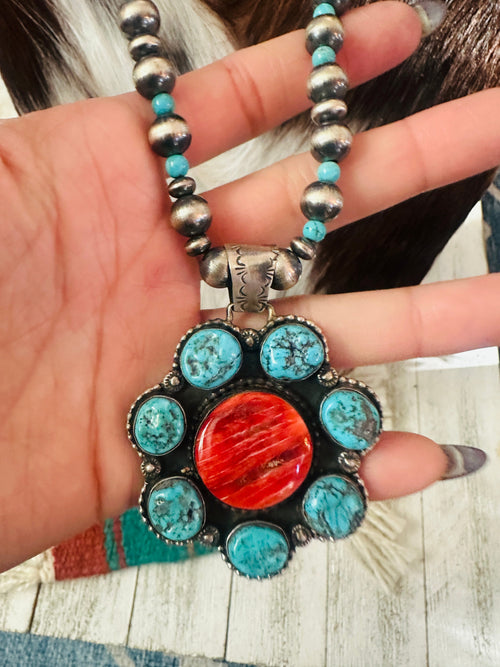 Handcrafted Turquoise, Spiny & Sterling Silver Pearl Beaded Flower Necklace 18"