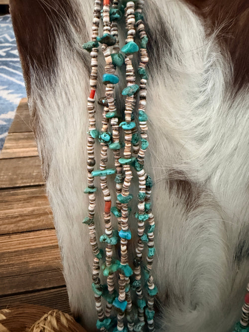 Old Pawn Handcrafted Turquoise & Heishi Shell Beaded 30” Necklace