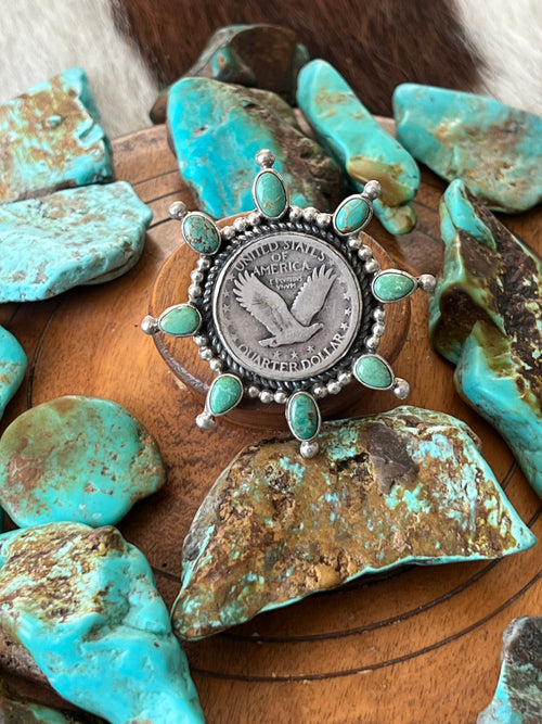Rosella Paxson Sterling Silver, Liberty Quarter and Hubei Turquoise Cluster Ring, Size 7.25