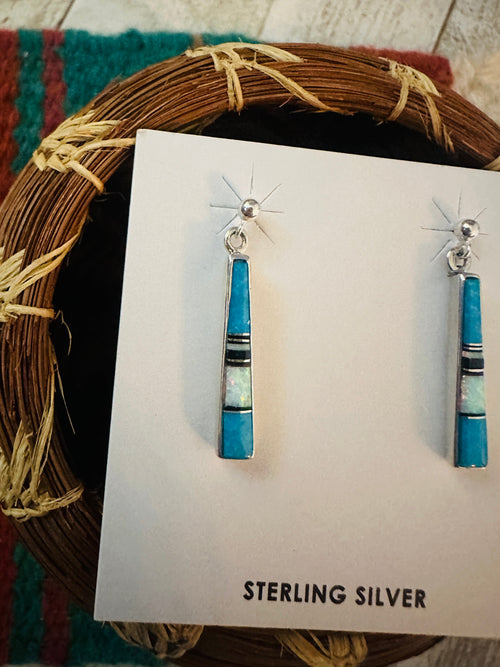 Navajo Sterling Silver & Multi Stone Inlay Dangle Earrings