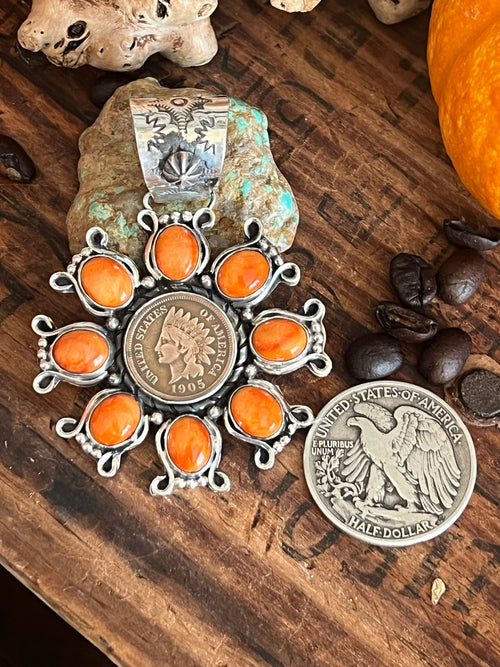 Apache Sterling Silver, Indian Head Penny and Spiny Oyster Shell Cluster Pendant by Rosella Paxson