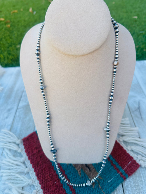Handcrafted White Buffalo & Sterling Silver Navajo Pearl Style 24” Beaded Necklace