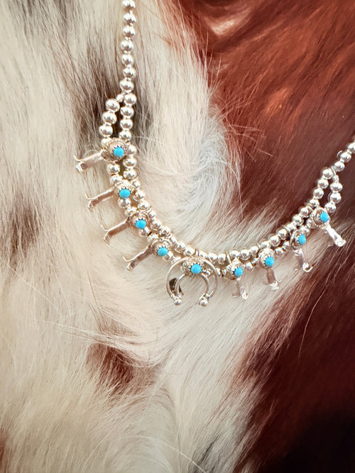 Handcrafted Turquoise & Sterling Silver Beaded Mini Squash Blossom Necklace