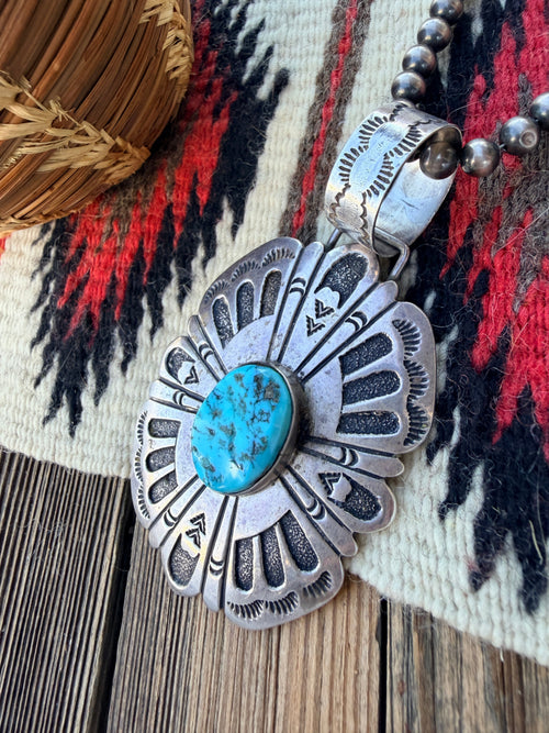Old Pawn Handcrafted Turquoise and Sterling Silver Pendant by Tommy Singer