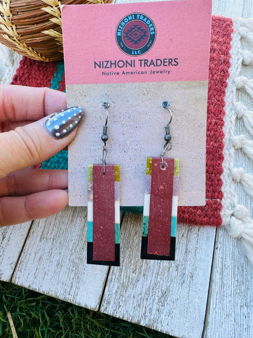 Handcrafted Old Pawn Multi Stone Inlay Dangle Earrings