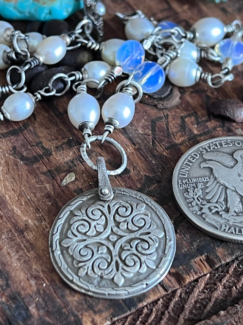 Tularosa Rosary Style Sterling Silver and Freshwater Pearl Siren’s Song Relic Coin Beaded Necklace