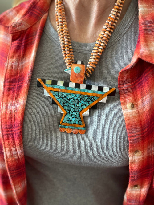 Warren Nieto Inlay Turquoise and Spiny Oyster Thunderbird  Necklace & Earrings Set