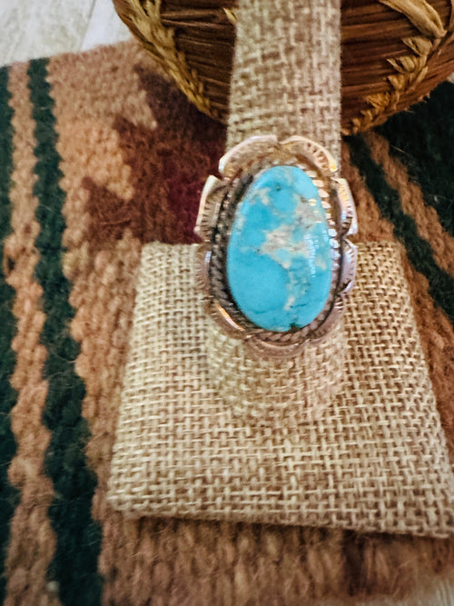 Old Pawn Handcrafted Turquoise & Sterling Silver Ring Size 9.75