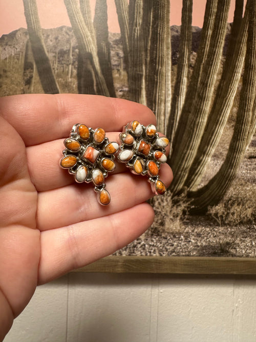 Handmade Orange Spiny And Sterling Silver Earrings