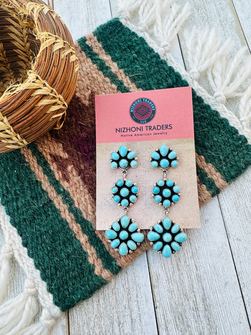 Handcrafted Old Pawn Kingman Turquoise And Sterling Silver Cluster Dangle Earrings