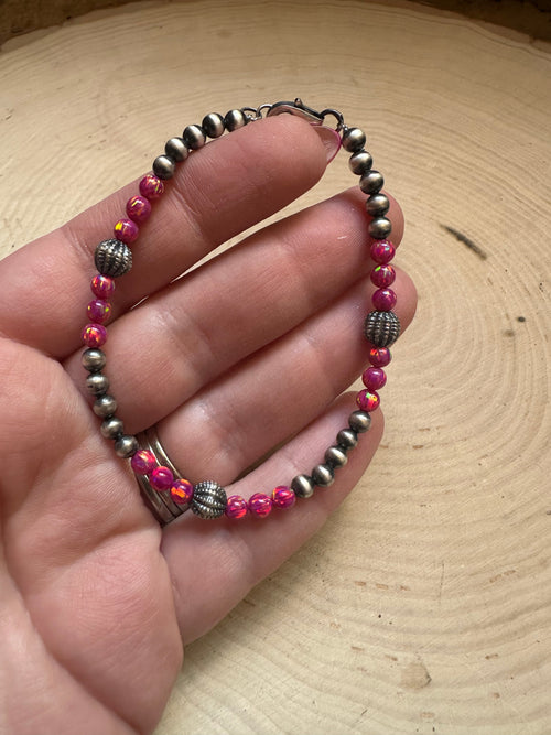 Handmade Dark Pink Fire Opal & Sterling Silver Beaded Bracelet