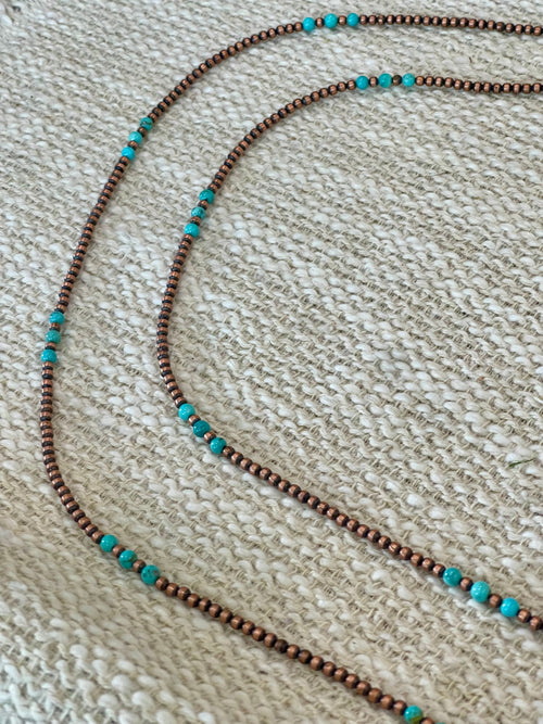 Handmade Copper & Turquoise  60” Beaded Necklace