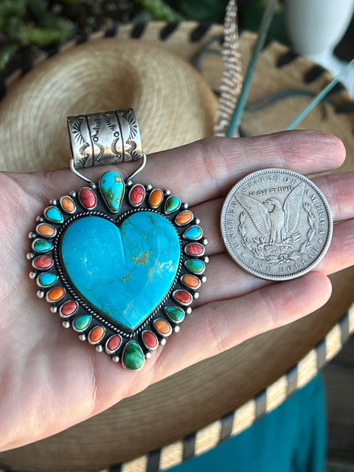 Color Burst Handcrafted Kingman Turquoise Heart Pendant w/ Spiny Oyster Shell and Sonoran Mountain Turquoise by Angela Martin