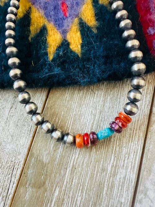 Navajo Sterling Silver, Spiny & Turquoise Beaded 14” Necklace