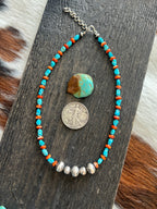 Artisan Kingman Turquoise, Spiny Oyster and Sterling Silver Bead Necklace