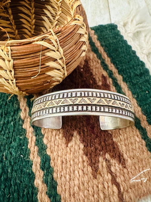 Old Pawn Vintage Navajo Sterling Silver & Gold Cuff Bracelet