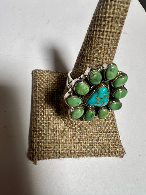 Beautiful Handmade Sonoran Turquoise, Turquoise And Sterling Silver Adjustable Triangle Ring