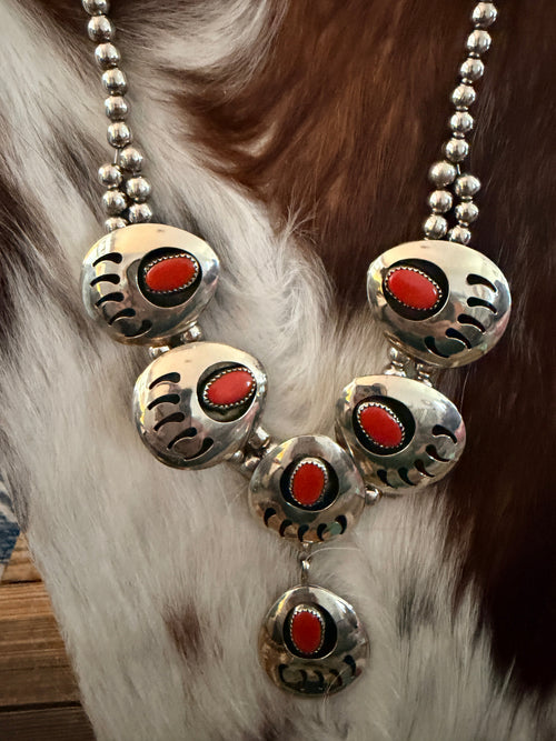 Old Pawn Handcrafted Coral and Nickel Bead Paw Necklace