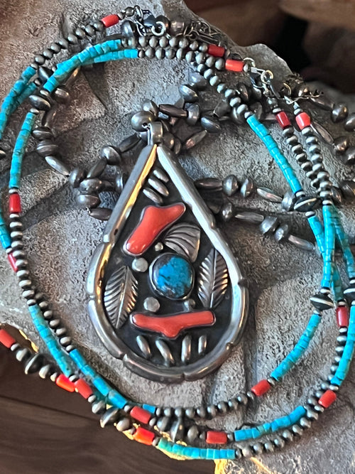 Bohemian Bliss Beaded Choker with Sterling Silver, Mediterranean Coral and Turquoise, 16” + 2”