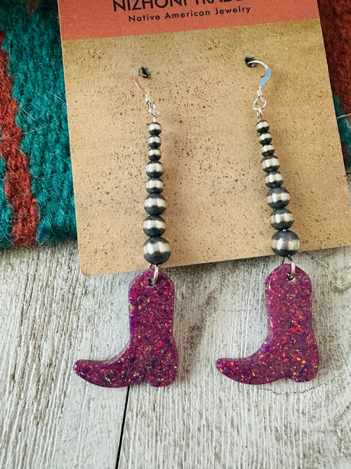 Summer Lovin’ Navajo Sterling Silver Pearl Beaded Opal Cowboy Boot Dangle Earrings