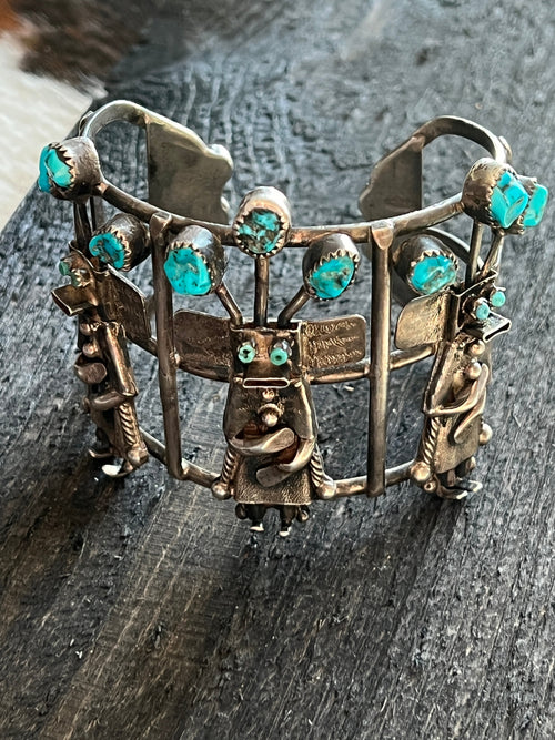 Amazing One of a Kind Antique Sterling Silver and Turquoise Yei Bi Chei Cuff Bracelet