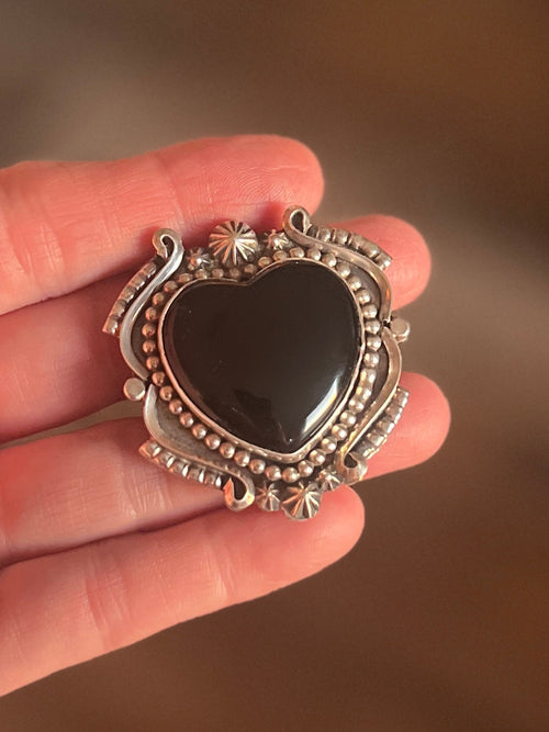 Apache Sterling Silver and Black Onyx Heart Rings by Rosella Paxson, Size 8.5 & 10