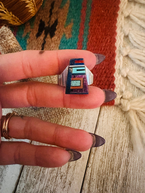 Old Pawn Handcrafted Multi Stone & Sterling Silver Inlay Ring Size 10