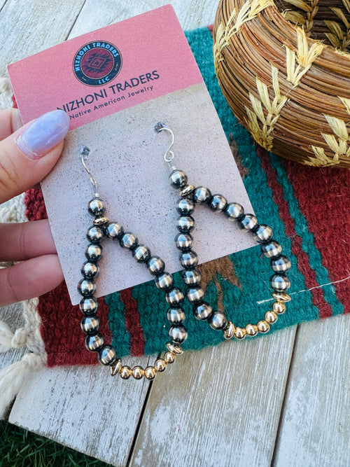 Sterling Silver & Gold Plated Navajo Pearl Style Beaded Dangle Hoop Earrings