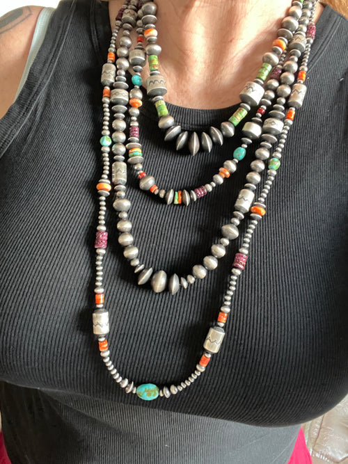 Navajo Made Electric Rainbow Sterling Silver, Turquoise and Spiny Oyster Single Strand Beaded Necklace by Rose Martin, 20 + 2 Inches