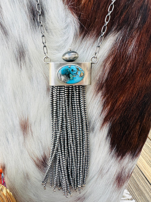 Handcrafted Morenci Turquoise & Sterling Silver Beaded Tassel Necklace