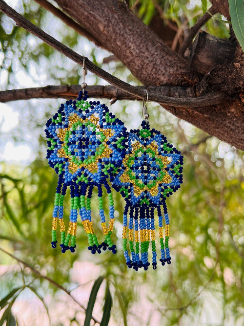 Handmade MultiColor Beaded Dangle Earrings (Blue, Green, & Gold)