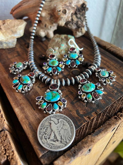 Navajo Made Sterling Silver Gems & Jewels Beaded Cluster Necklace and Earrings Set by Dianne Wylie