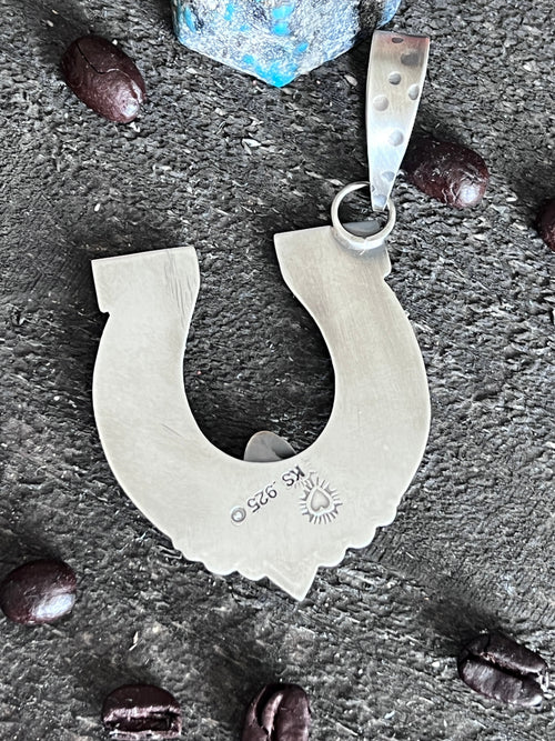 Kimari Somers Hand Stamped Sterling Silver Star Horseshoe Pendant with Brass Accents & Royston Turquoise