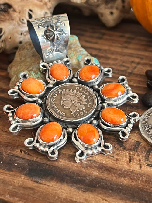 Apache Sterling Silver, Indian Head Penny and Spiny Oyster Shell Cluster Pendant by Rosella Paxson